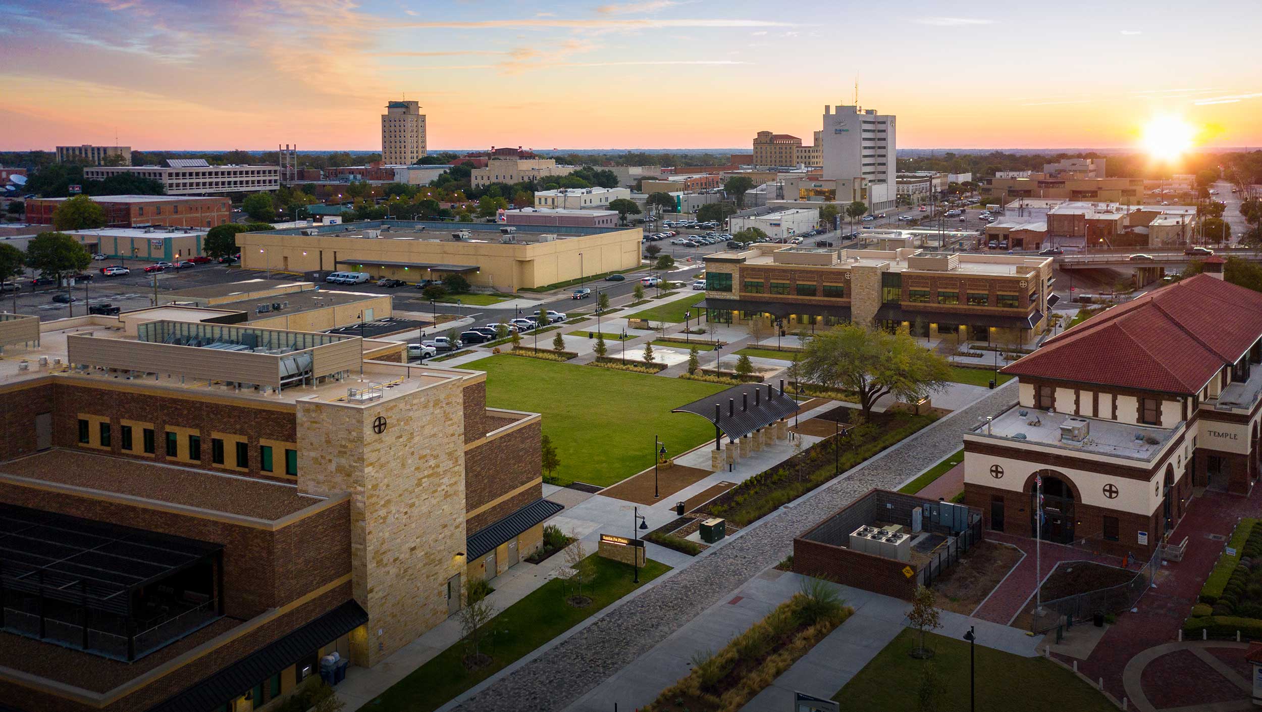 Sunrise over the Santa Fe Plaza in Temple, Texas