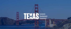 Texas Economic Development logo with Golden Gate Bridge in the background