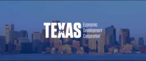 Texas Economic Development logo with Boston skyline in the background