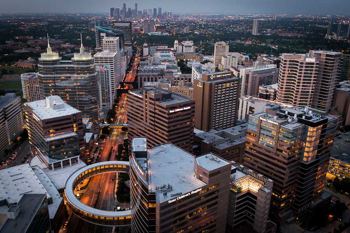 Aerial view of skyscrapers in the downtown Houston, Texas medical district