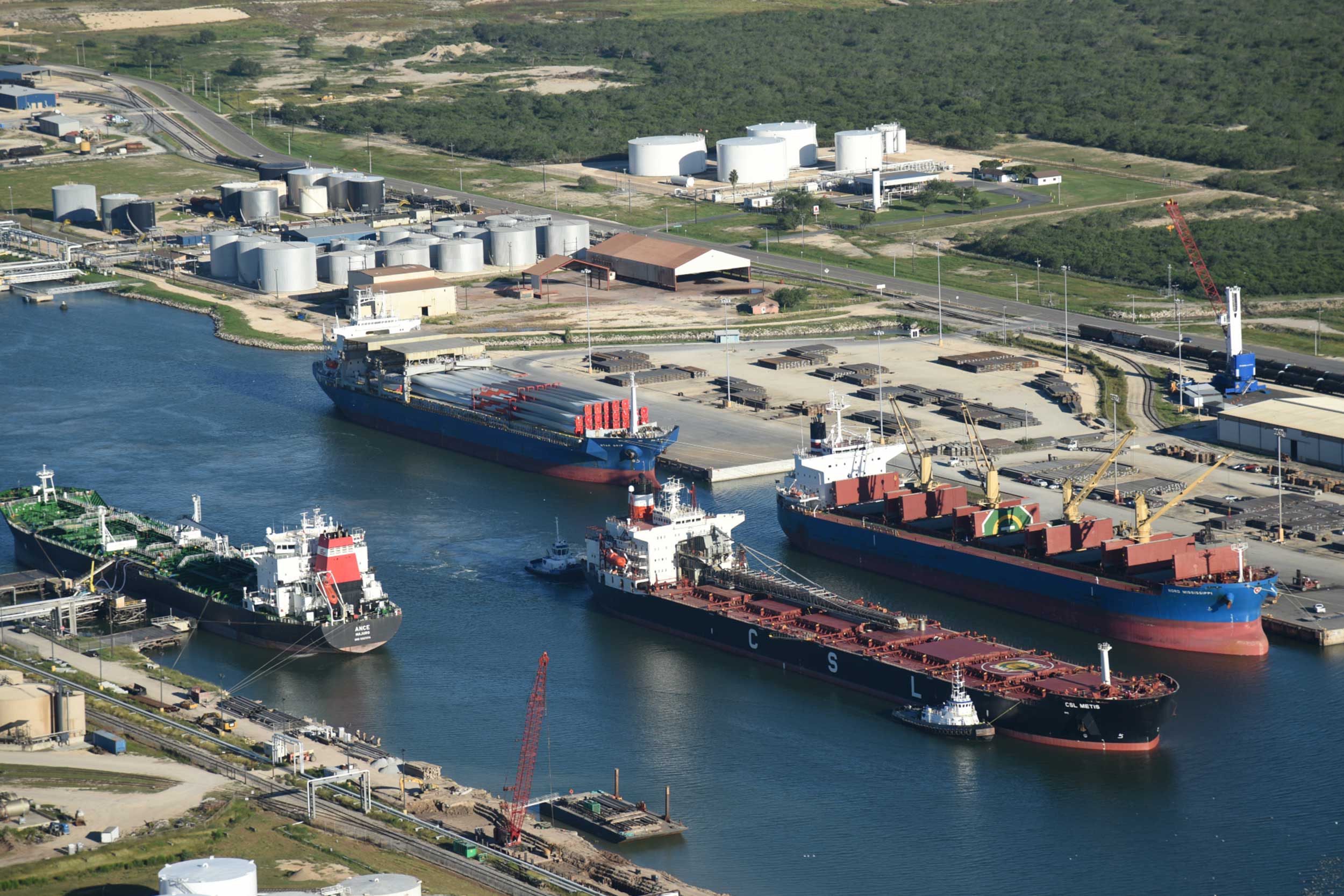 Multiple cargo ships dock at the Port of Brownsville in Texas.