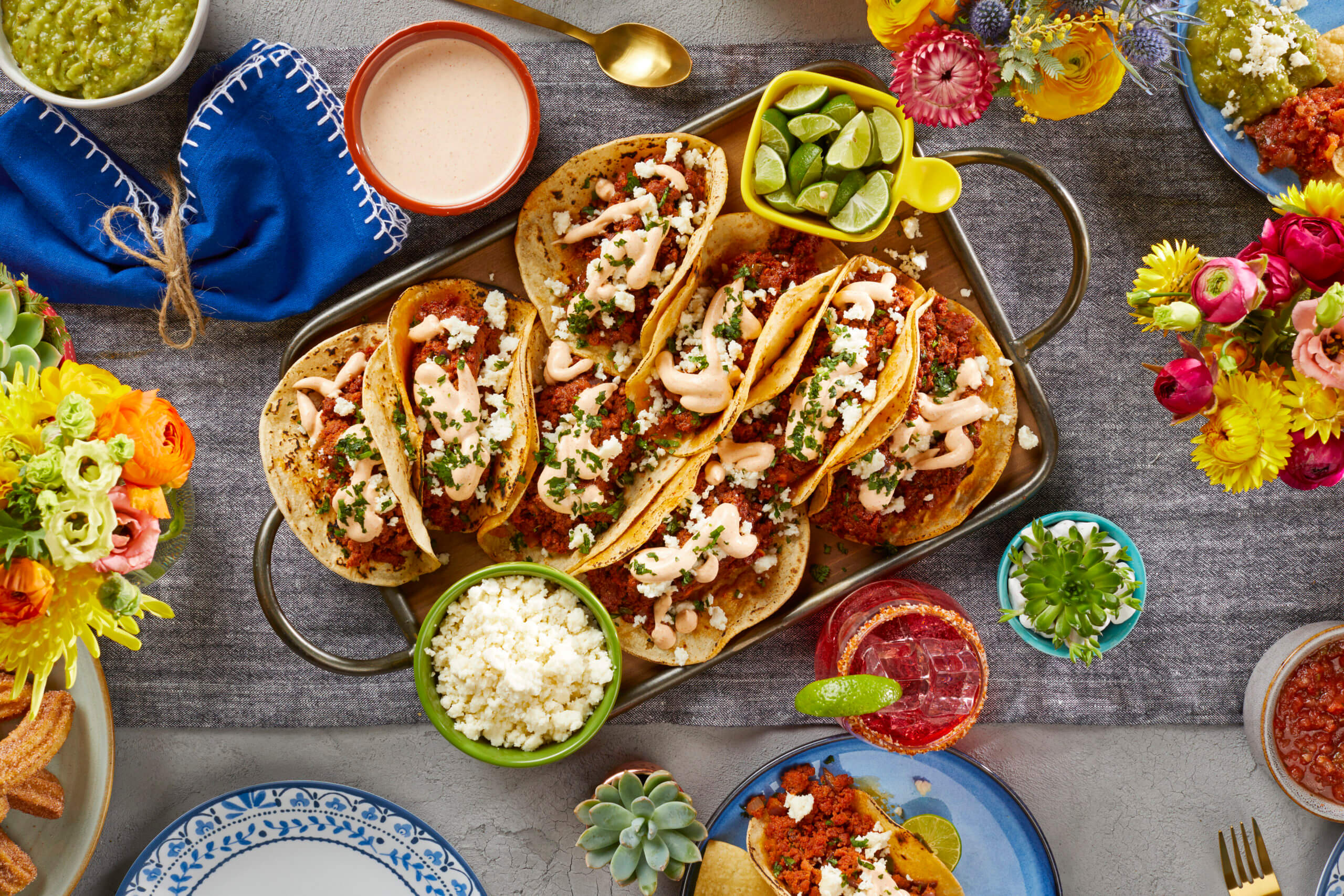 Aerial view of a plate of California street tacos