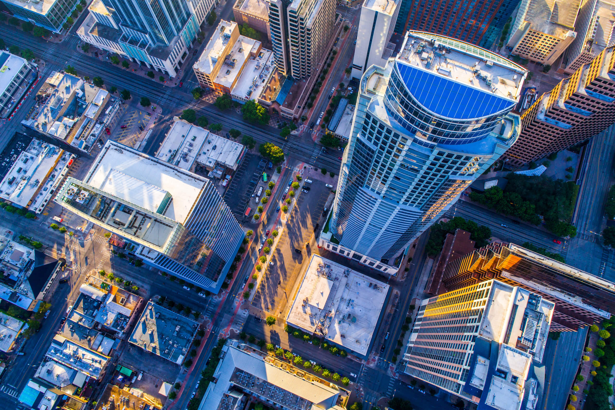 Aerial view of downtown Austin, Texas at sunrise