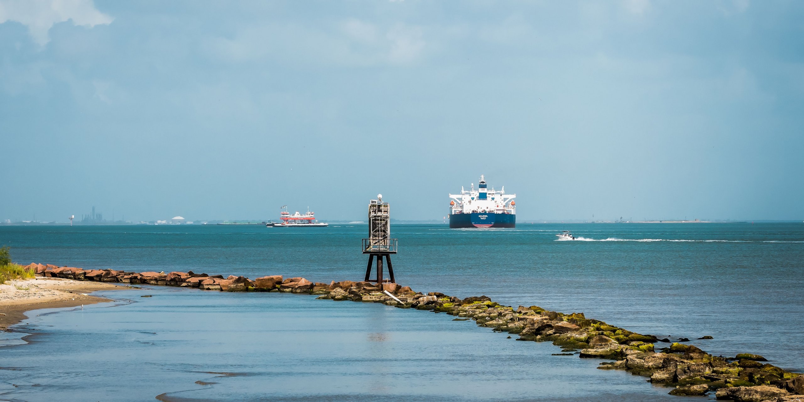 The Sea Jewel Oil Tanker entering the Port of Houston in Galveston Bay, Texas