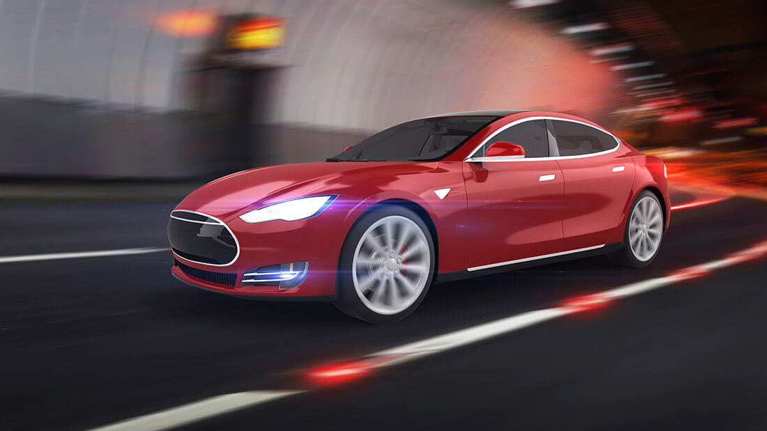 Red Tesla electric car in 3D