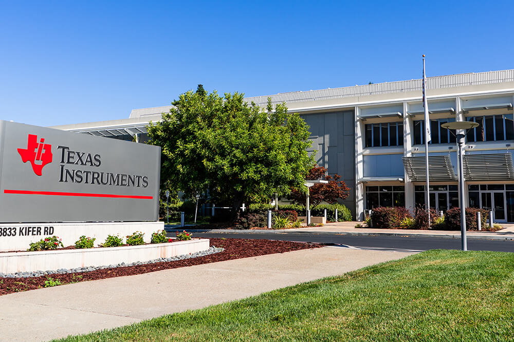 Texas Instruments Inc (TI) HQ sign and building in Silicon Valley, California