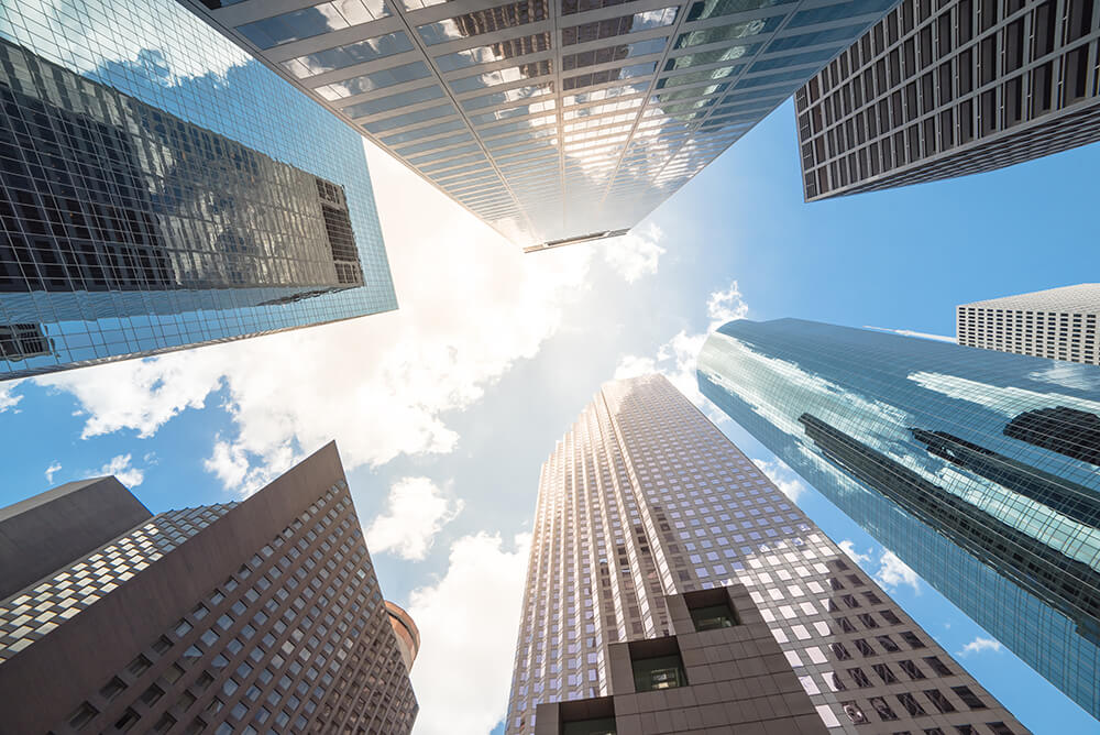 Upward view of skyscrapers in the business district area of downtown Houston, Texas